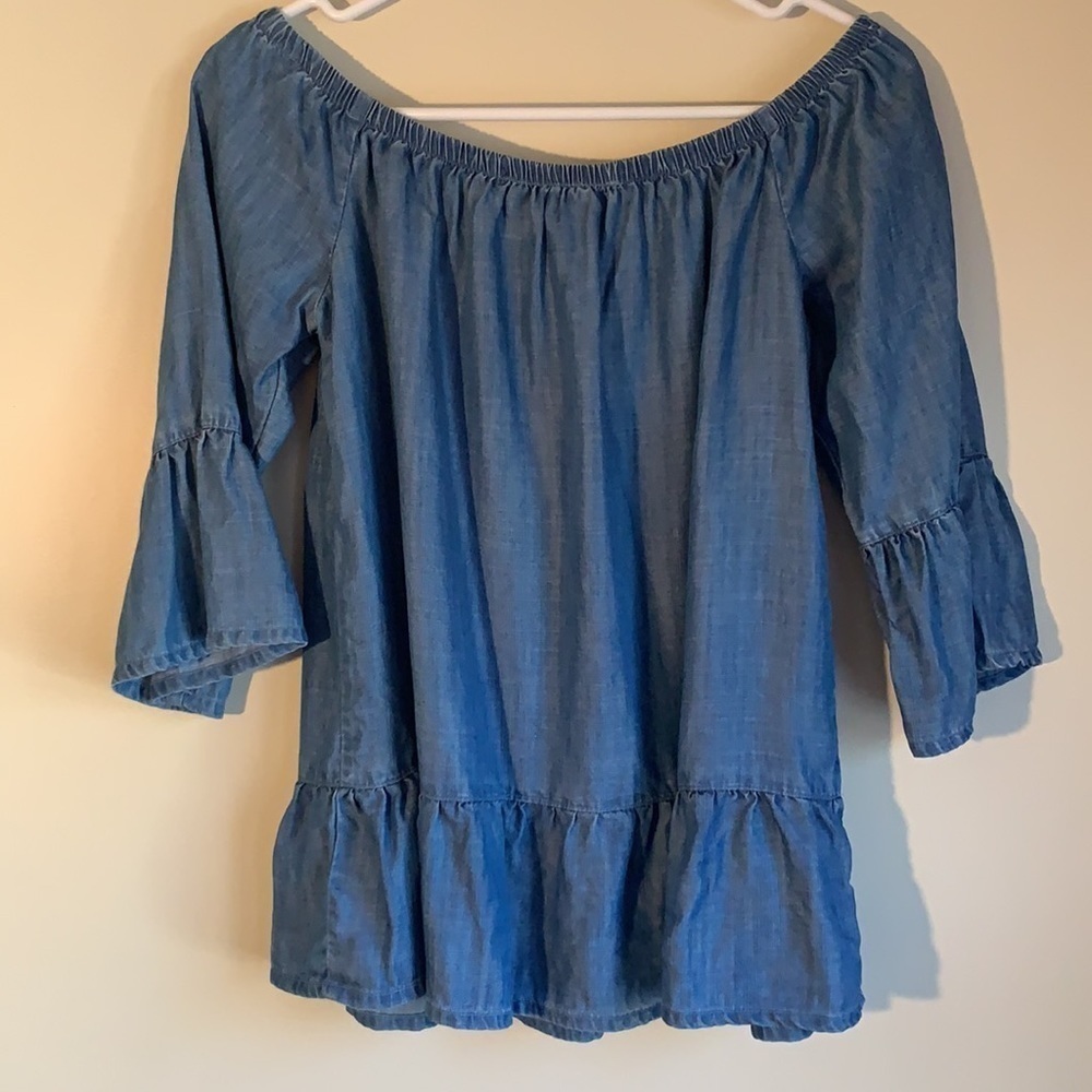 Blue Rain Chambray Peasant Top with Bell Sleeves and Peplum Hem size S - Picture 8 of 8
